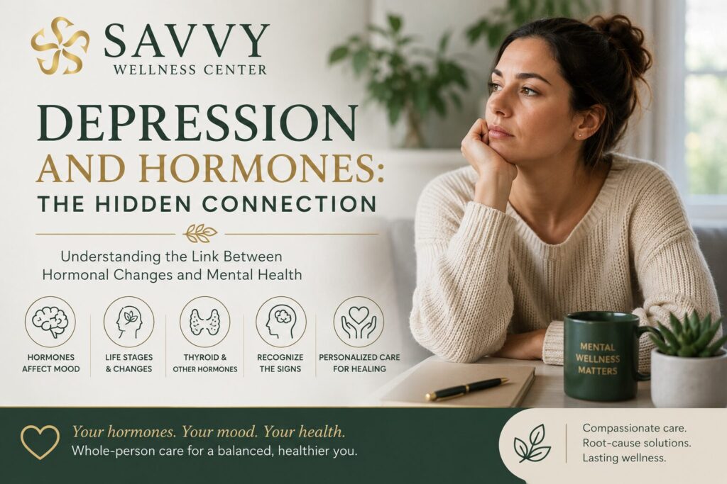 Featured image for Savvy Wellness Center titled "Depression and Hormones: The Hidden Connection" featuring a thoughtful woman sitting at a table with a journal and coffee in a calm home environment. The design highlights the connection between hormonal changes and mental health, including hormone balance, thyroid health, mood regulation, life stage transitions, recognizing symptoms, and personalized, whole-person care.