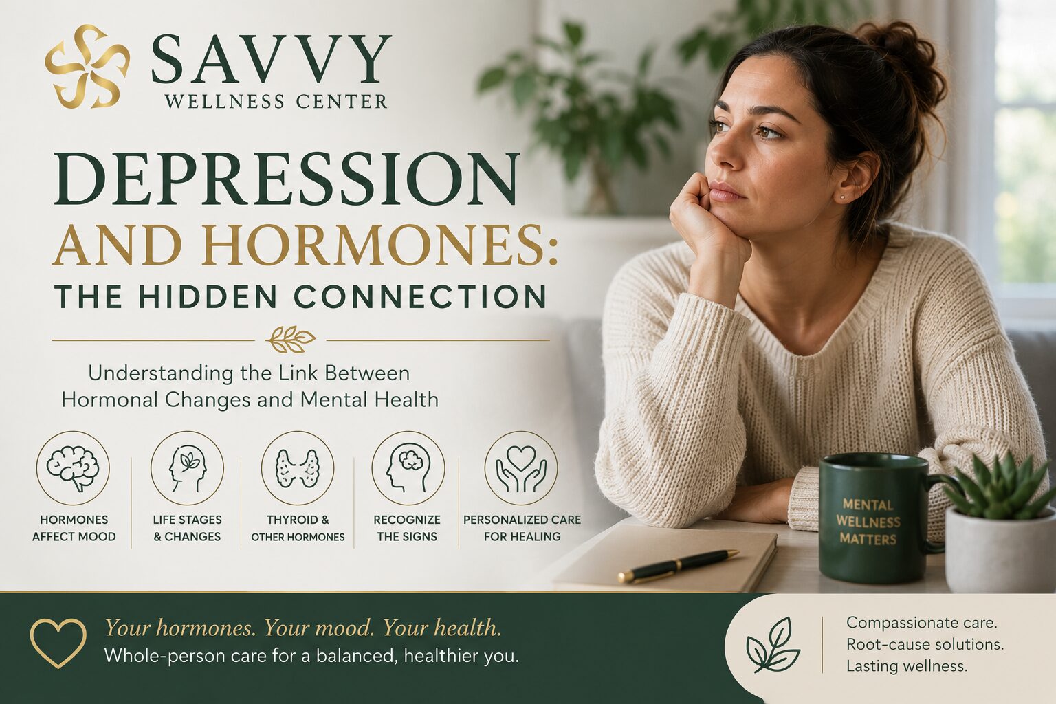Featured image for Savvy Wellness Center titled "Depression and Hormones: The Hidden Connection" featuring a thoughtful woman sitting at a table with a journal and coffee in a calm home environment. The design highlights the connection between hormonal changes and mental health, including hormone balance, thyroid health, mood regulation, life stage transitions, recognizing symptoms, and personalized, whole-person care.