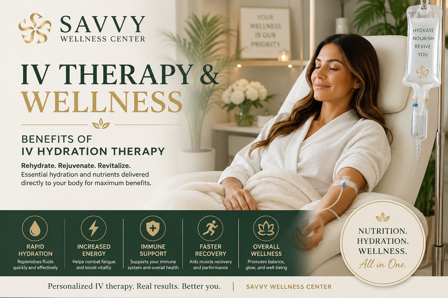 Discover how IV hydration therapy can help replenish fluids, restore energy, support your immune system, and promote overall wellness. At Savvy Wellness Center, our personalized IV therapy treatments are designed to help you feel refreshed, revitalized, and at your best.