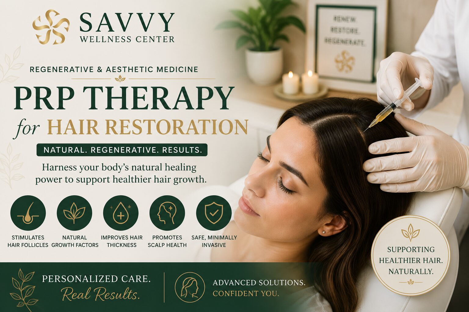 Featured image for Savvy Wellness Center titled "PRP Therapy for Hair Restoration" featuring a patient receiving Platelet-Rich Plasma (PRP) injections into the scalp during a regenerative hair restoration treatment. The design highlights the benefits of PRP therapy, including stimulating hair follicles, supporting natural hair growth, improving hair thickness, promoting scalp health, and providing a minimally invasive regenerative solution for hair thinning.
