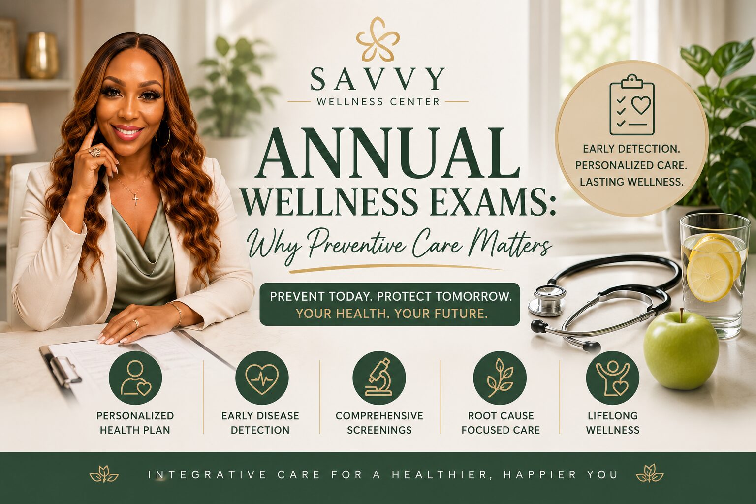 Dr. Mishael Johnson promoting annual wellness exams at Savvy Wellness Center, highlighting preventive care, early disease detection, personalized health plans, and long-term wellness.