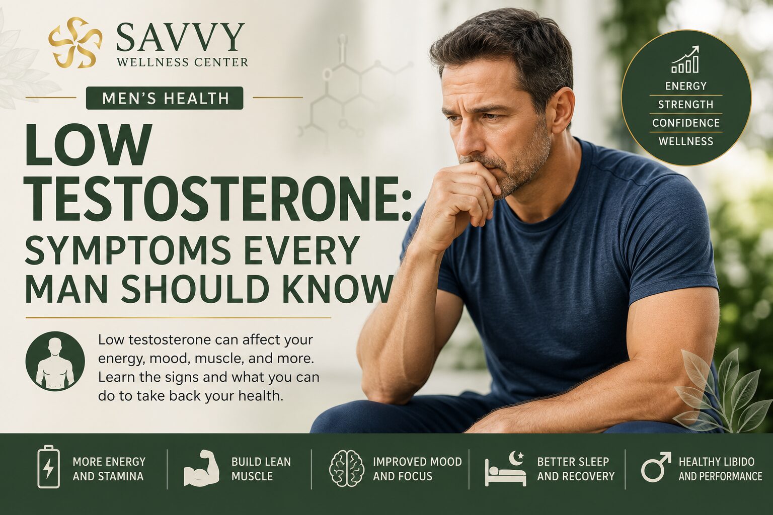 A professional men's health cover image featuring a thoughtful middle-aged man with the headline "Low Testosterone: Symptoms Every Man Should Know," alongside the Savvy Wellness Center logo and wellness-focused graphics highlighting energy, strength, confidence, and hormone health.