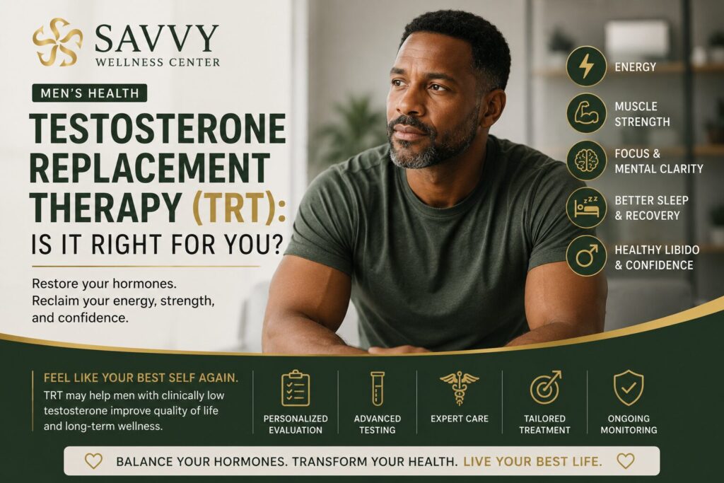 A men's health cover image featuring a healthy middle-aged man with the headline "Testosterone Replacement Therapy (TRT): Is It Right for You?" alongside the Savvy Wellness Center logo and graphics highlighting hormone balance, energy, strength, and overall wellness.