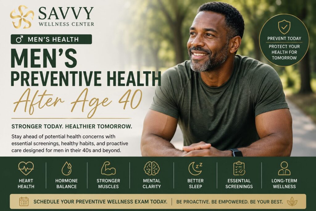 A men's health cover image featuring a healthy middle-aged Black man smiling outdoors beside the headline "Men's Preventive Health After Age 40," with the Savvy Wellness Center logo and icons representing heart health, hormone balance, preventive screenings, strength, sleep, and long-term wellness.
