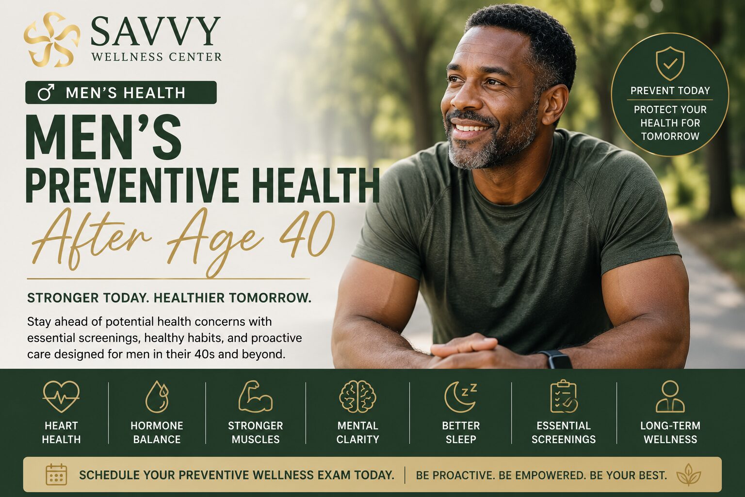 A men's health cover image featuring a healthy middle-aged Black man smiling outdoors beside the headline "Men's Preventive Health After Age 40," with the Savvy Wellness Center logo and icons representing heart health, hormone balance, preventive screenings, strength, sleep, and long-term wellness.