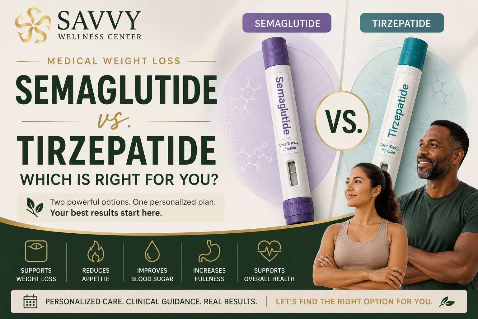 A professional medical weight loss cover image featuring the headline "Semaglutide vs. Tirzepatide: Which Is Right for You?" with illustrated injection pens labeled Semaglutide and Tirzepatide, the Savvy Wellness Center logo, and diverse models representing personalized weight loss care.