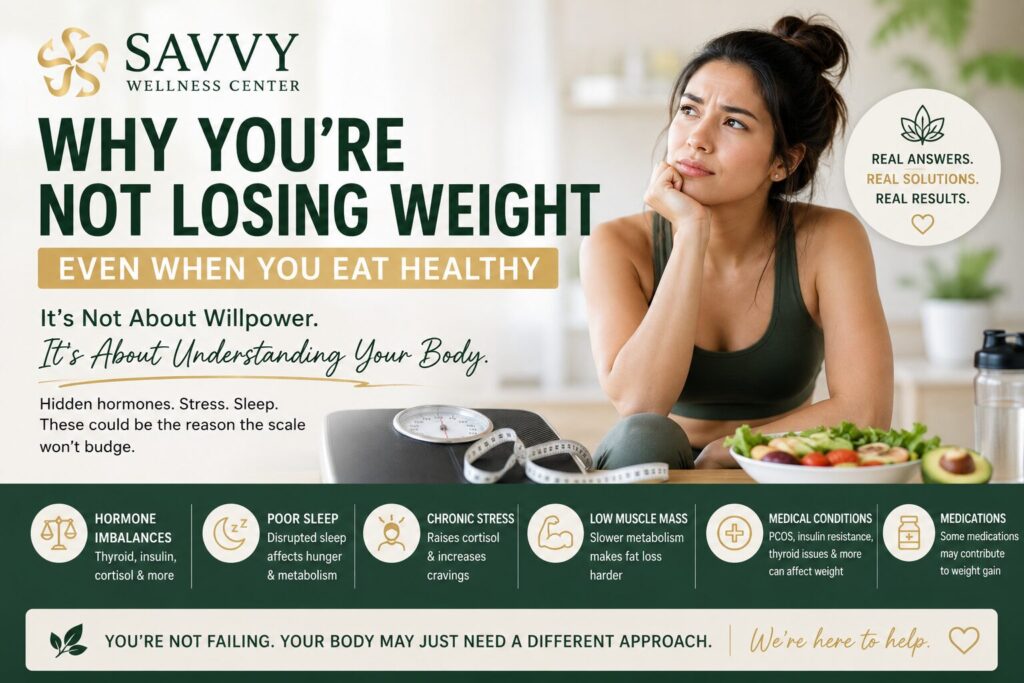A professional medical weight loss cover image featuring a woman with a realistic, slightly fuller body type looking thoughtfully at a bathroom scale while sitting beside a healthy salad, with the headline "Why You're Not Losing Weight Even When You Eat Healthy" and the Savvy Wellness Center logo.