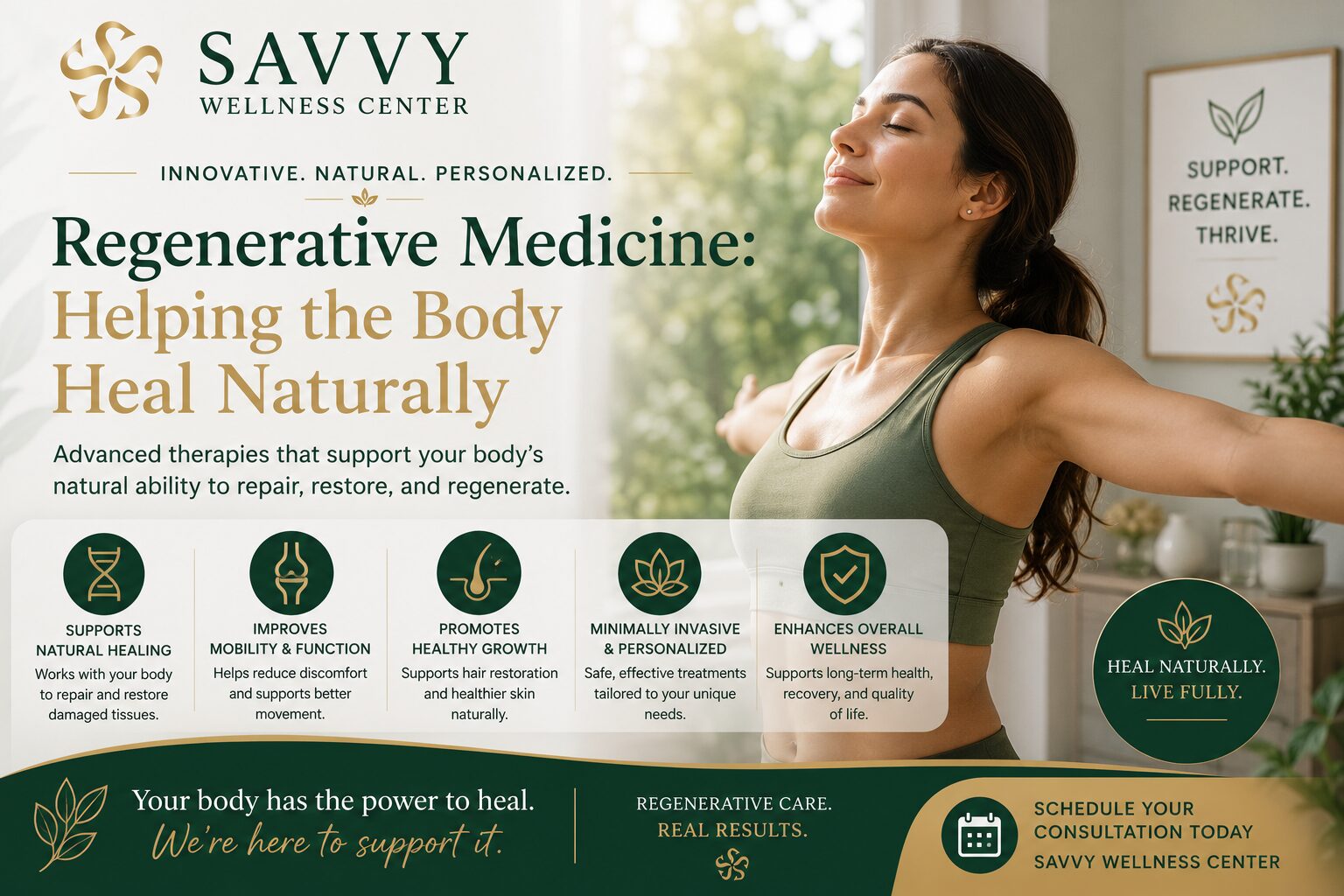 Featured image for Savvy Wellness Center titled "Regenerative Medicine: Helping the Body Heal Naturally" featuring a healthy woman enjoying a moment of relaxation in a bright, nature-inspired setting. The design highlights regenerative medicine treatments that support the body's natural healing processes, improve mobility, promote tissue repair, encourage healthy hair and skin, and enhance overall wellness through personalized, minimally invasive care.