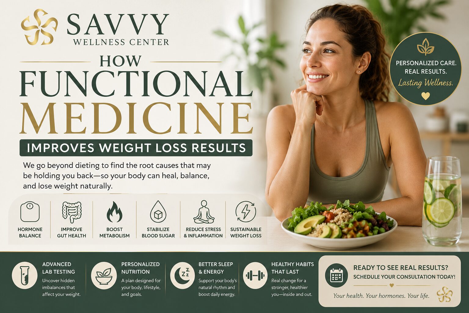 Featured image for Savvy Wellness Center titled "How Functional Medicine Improves Weight Loss Results" featuring a healthy woman enjoying a nutritious meal in a bright wellness setting. The design highlights the benefits of functional medicine, including hormone balance, improved gut health, enhanced metabolism, stable blood sugar, stress reduction, advanced lab testing, personalized nutrition, and sustainable weight loss. The image reflects Savvy Wellness Center's holistic, patient-centered approach to achieving long-term health and wellness.