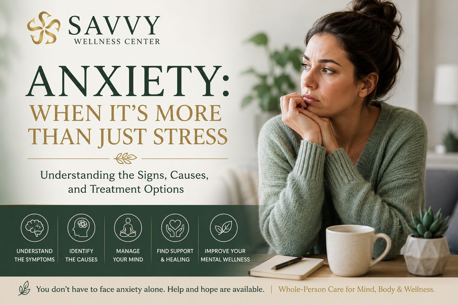 Featured image for Savvy Wellness Center titled "Anxiety: When It's More Than Just Stress" featuring a thoughtful woman sitting with a notebook and coffee in a calm home setting. The design highlights understanding anxiety, recognizing common symptoms, identifying underlying causes, managing stress, seeking support, and improving mental wellness through compassionate, whole-person care.