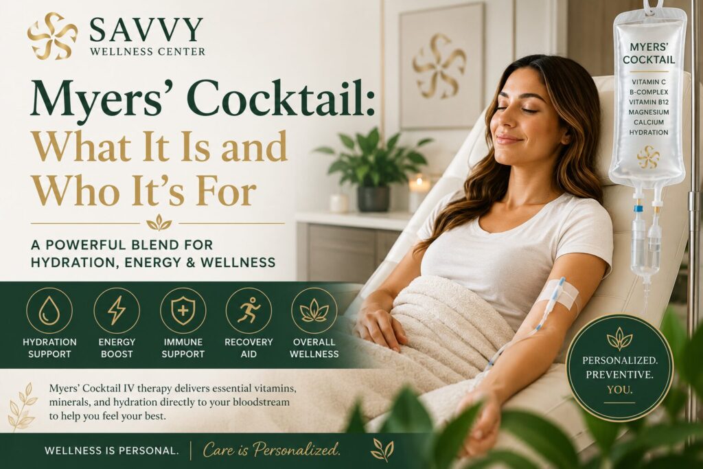 Featured image for Savvy Wellness Center titled "Myers' Cocktail: What It Is and Who It's For" featuring a woman comfortably receiving a Myers' Cocktail IV infusion in a modern wellness clinic. The design highlights the key ingredients of a Myers' Cocktail—including Vitamin C, B-complex vitamins, Vitamin B12, magnesium, calcium, and hydration—and emphasizes its role in supporting hydration, energy, immune health, recovery, and overall wellness through personalized IV therapy.