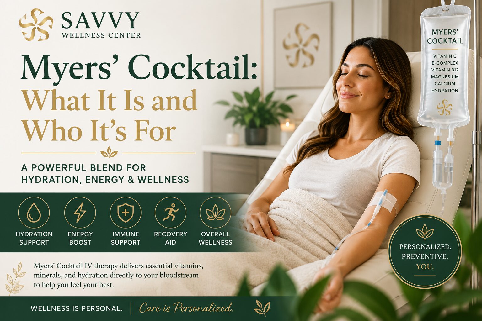 Featured image for Savvy Wellness Center titled "Myers' Cocktail: What It Is and Who It's For" featuring a woman comfortably receiving a Myers' Cocktail IV infusion in a modern wellness clinic. The design highlights the key ingredients of a Myers' Cocktail—including Vitamin C, B-complex vitamins, Vitamin B12, magnesium, calcium, and hydration—and emphasizes its role in supporting hydration, energy, immune health, recovery, and overall wellness through personalized IV therapy.