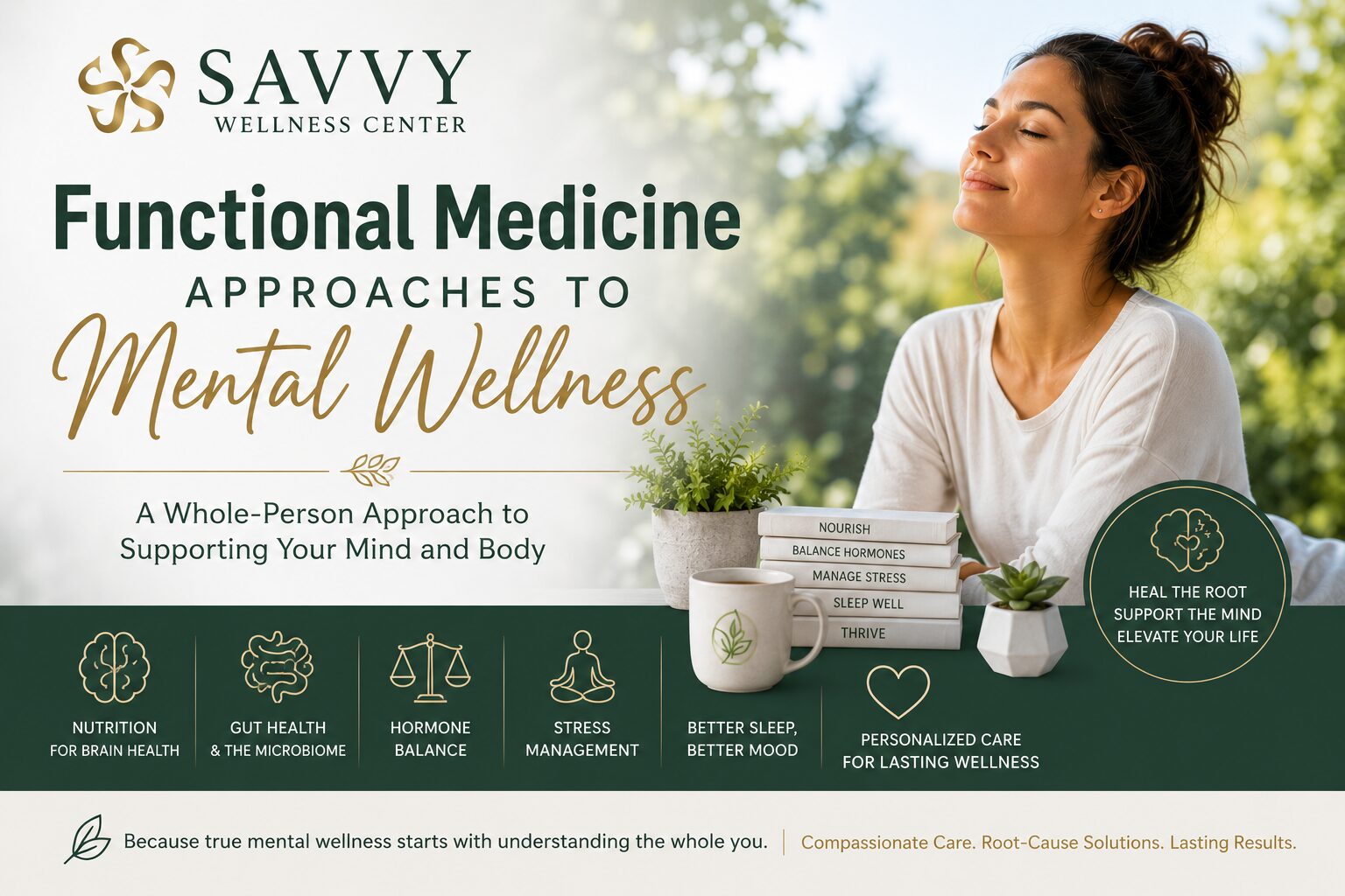 Featured image for Savvy Wellness Center titled "Functional Medicine Approaches to Mental Wellness" featuring a relaxed woman practicing mindfulness in a peaceful outdoor setting. The design highlights a whole-person approach to mental wellness, including nutrition for brain health, gut health and the microbiome, hormone balance, stress management, better sleep, and personalized care to support lasting emotional and physical well-being.