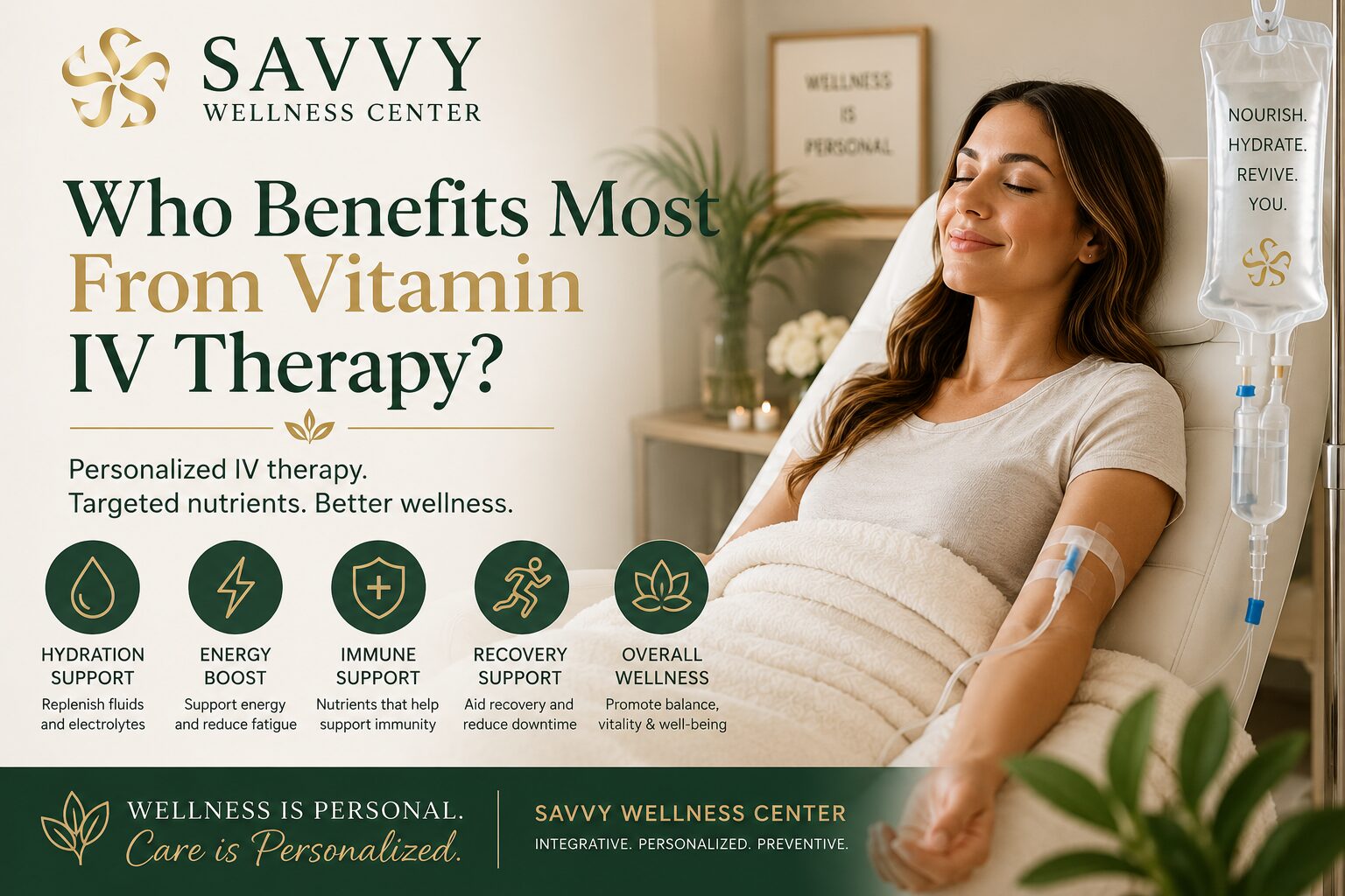 Featured image for Savvy Wellness Center titled "Who Benefits Most From Vitamin IV Therapy?" featuring a woman comfortably receiving a personalized vitamin IV infusion in a modern wellness clinic. The design highlights the benefits of IV therapy, including hydration support, increased energy, immune support, recovery, and overall wellness, using Savvy Wellness Center's elegant green, gold, and cream branding.