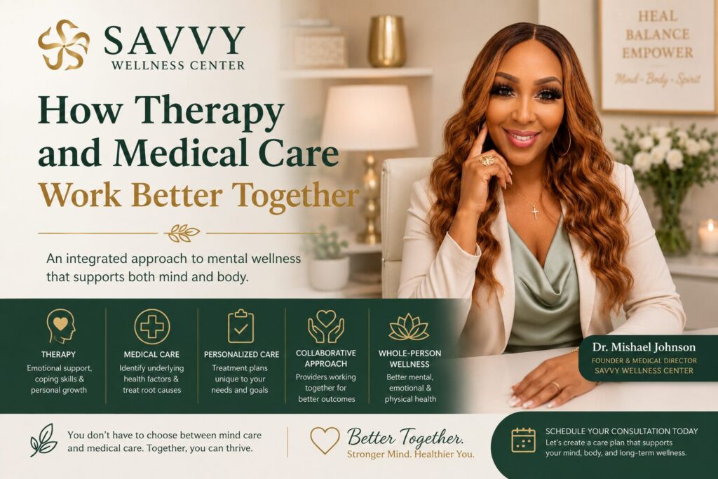 Featured image for Savvy Wellness Center titled "How Therapy and Medical Care Work Better Together" featuring Dr. Mishael Johnson, Founder & Medical Director, smiling in a modern wellness office. The design highlights the benefits of integrating therapy and medical care through personalized treatment plans, collaborative healthcare, whole-person wellness, emotional support, and root-cause medical evaluation to improve mental, emotional, and physical health.