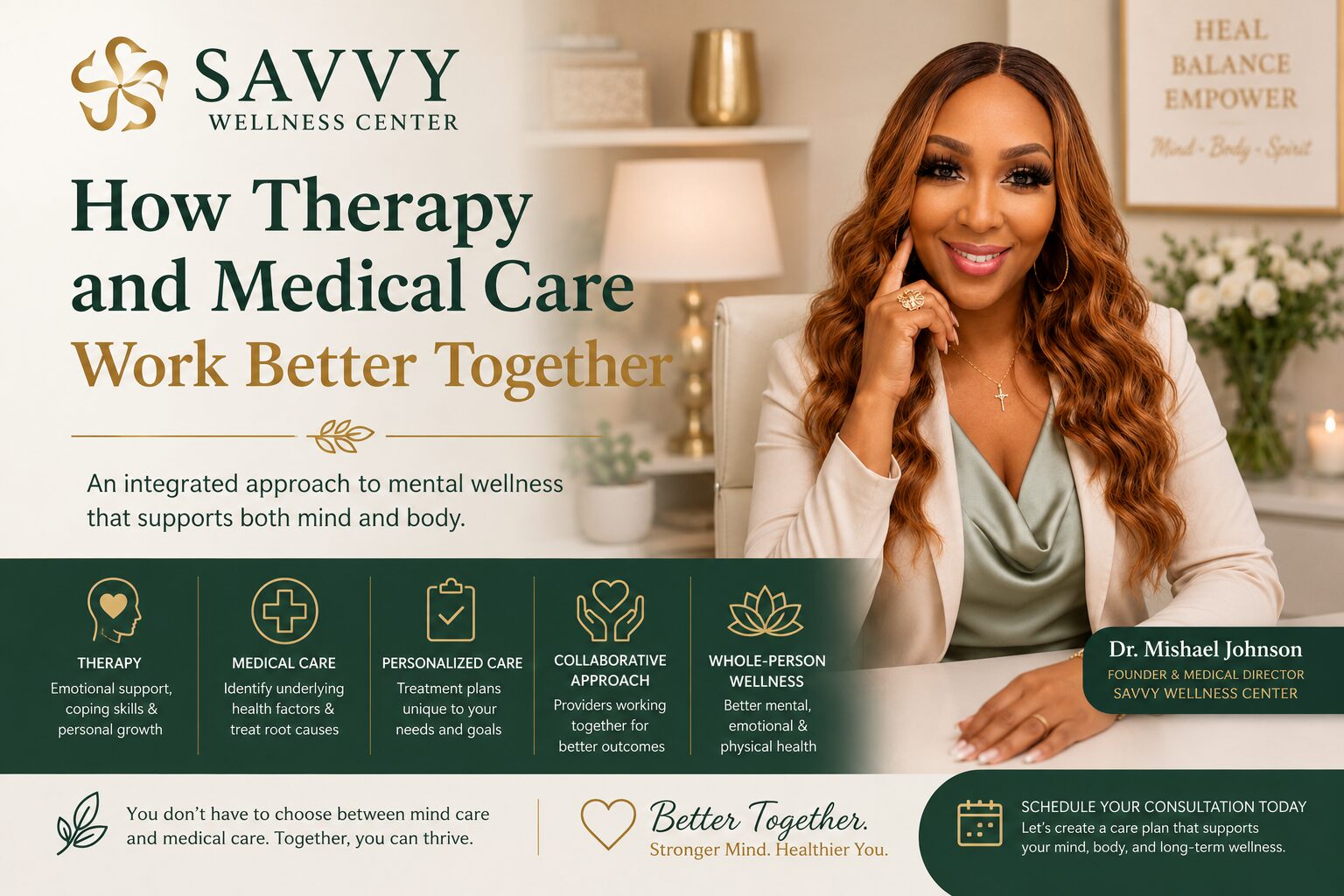 Featured image for Savvy Wellness Center titled "How Therapy and Medical Care Work Better Together" featuring Dr. Mishael Johnson, Founder & Medical Director, smiling in a modern wellness office. The design highlights the benefits of integrating therapy and medical care through personalized treatment plans, collaborative healthcare, whole-person wellness, emotional support, and root-cause medical evaluation to improve mental, emotional, and physical health.