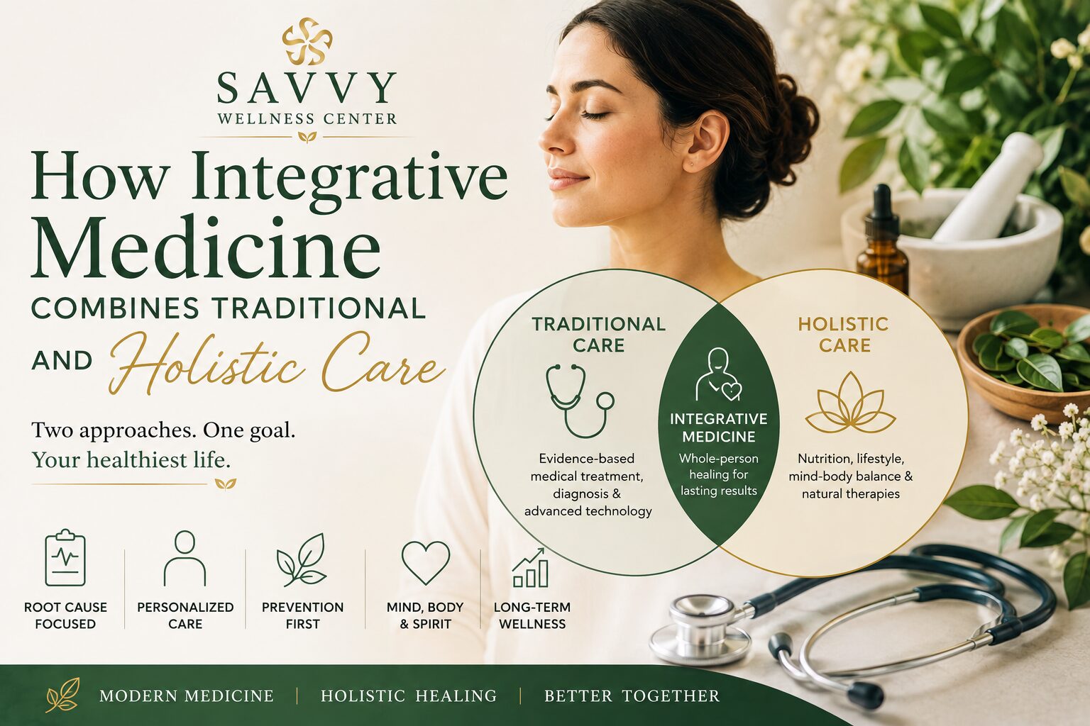 Savvy Wellness Center cover image illustrating integrative medicine by combining traditional medical care with holistic wellness practices. The design features a serene woman, natural botanical elements, medical tools, and a wellness diagram representing whole-person, root-cause-focused healthcare.