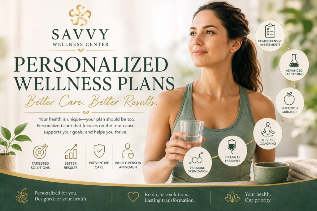 Savvy Wellness Center cover image featuring a healthy woman, personalized wellness plan icons, and functional medicine services including health assessments, nutrition guidance, hormone optimization, specialty therapies, and lifestyle coaching to support whole-person wellness.