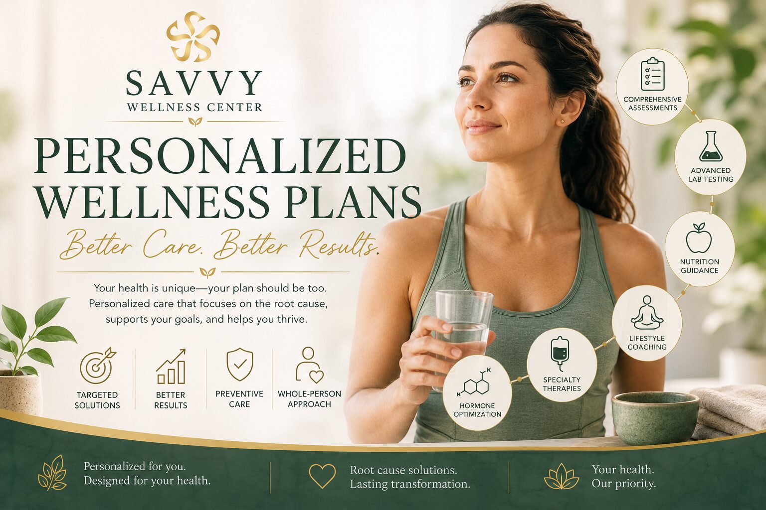 Savvy Wellness Center cover image featuring a healthy woman, personalized wellness plan icons, and functional medicine services including health assessments, nutrition guidance, hormone optimization, specialty therapies, and lifestyle coaching to support whole-person wellness.