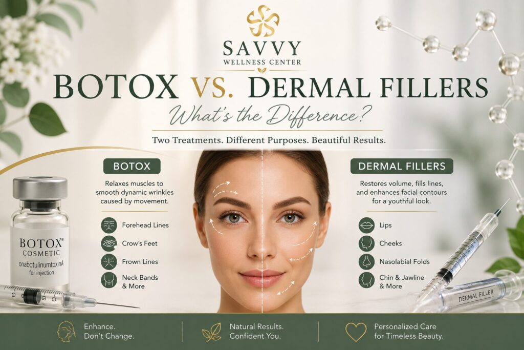 Savvy Wellness Center cover image comparing Botox and dermal fillers, featuring facial treatment zones, injectable products, and aesthetic medicine graphics that illustrate wrinkle reduction, facial volume restoration, and non-surgical facial rejuvenation.