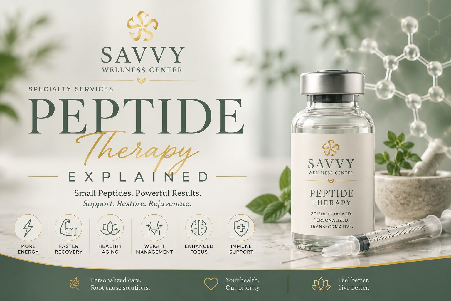 Savvy Wellness Center cover image for Peptide Therapy Explained featuring a peptide therapy vial, syringe, molecular graphics, botanical elements, and wellness icons representing energy, recovery, healthy aging, weight management, cognitive support, and immune health.