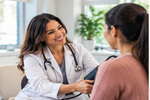Female healthcare provider conducting a primary care consultation with a patient in a modern medical office.