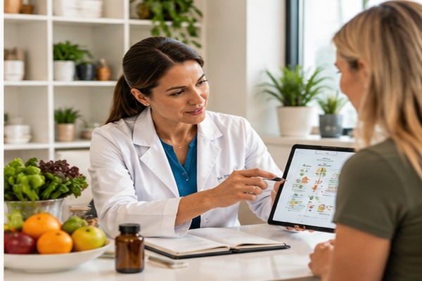Healthcare professional reviewing personalized health and nutrition information with a patient during a consultation.
