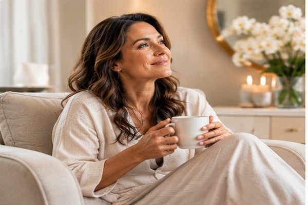Woman relaxing with a warm drink in a peaceful setting representing women's wellness and self-care.