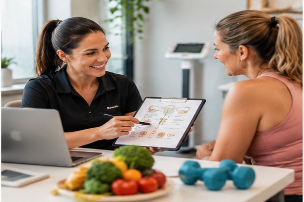 Healthcare professional discussing nutrition and personalized medical weight management with a female patient.