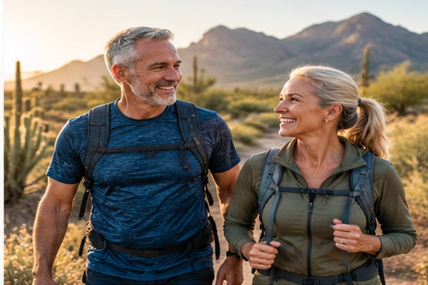 Active older couple hiking outdoors in a desert landscape, representing healthy aging and longevity wellness.