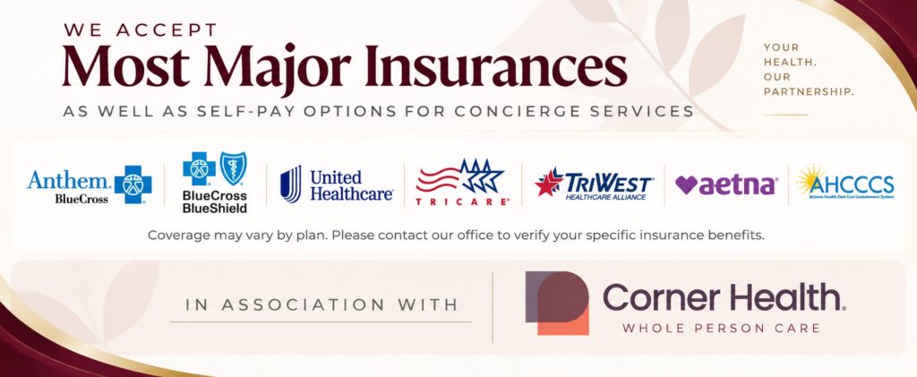 Savvy Wellness Center insurance banner showing Anthem Blue Cross, Blue Cross Blue Shield, UnitedHealthcare, TRICARE, TriWest, Aetna, AHCCCS, and Corner Health association.