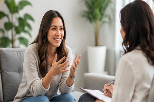 Woman speaking with a mental health professional during a counseling session.